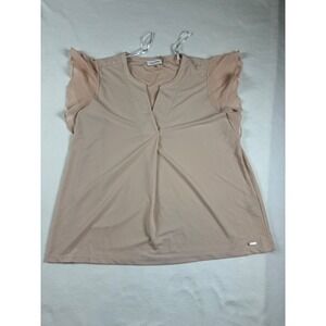 Calvin Klein Womens Blush Pink Flutter Sleeve Split Neck Blouse Top Large